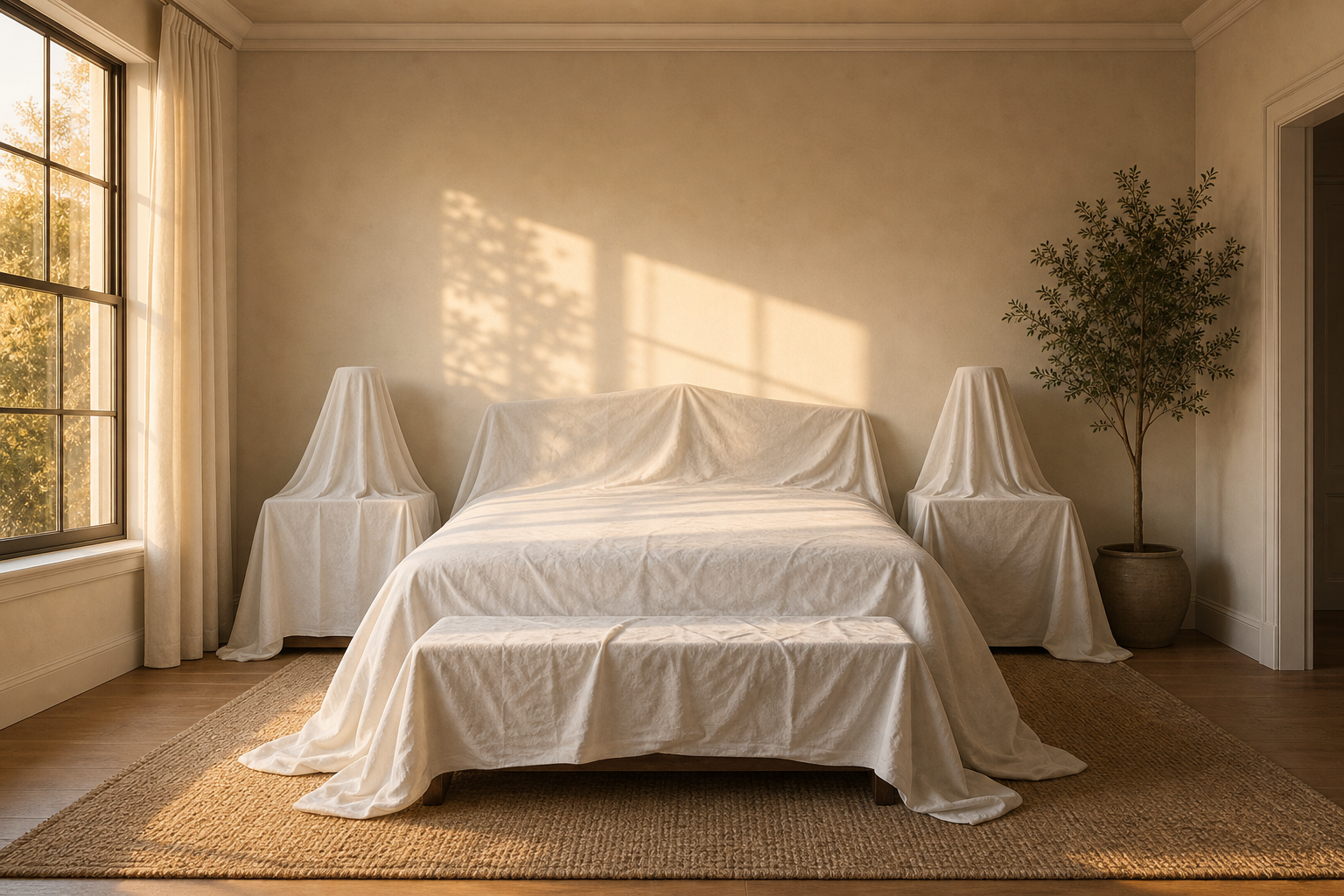 The same bedroom with furniture covered in protective sheets.