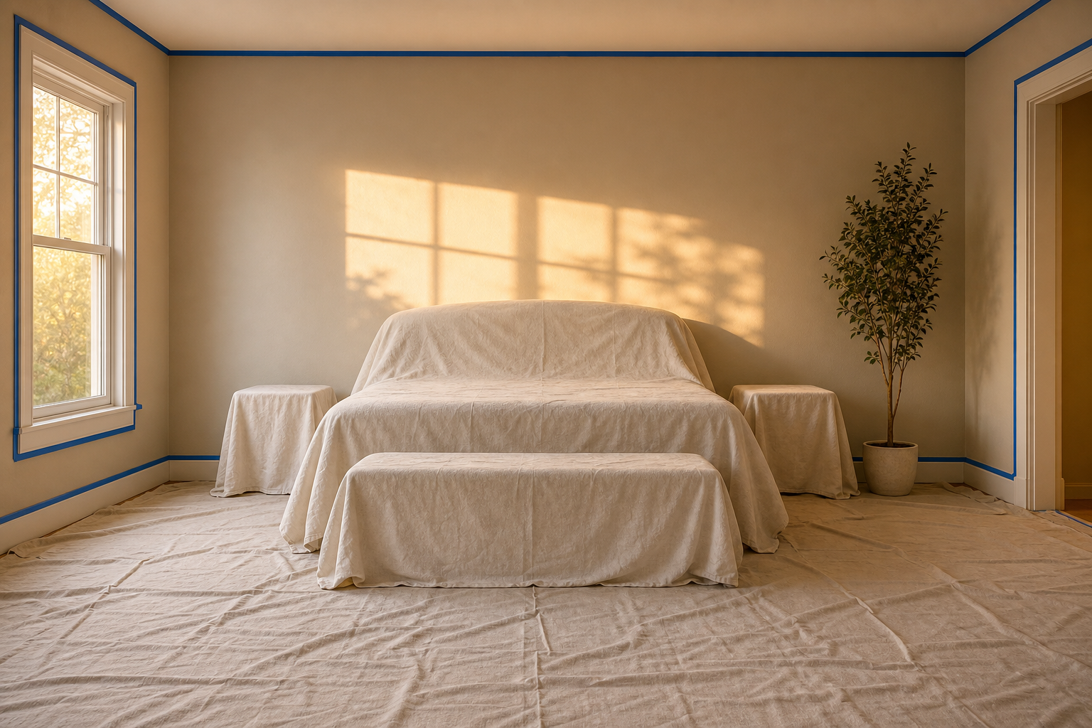 The same bedroom with trim and edges carefully taped off.