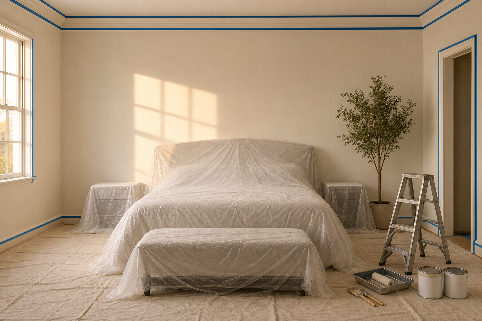 The same bedroom fully prepared and ready for painting.