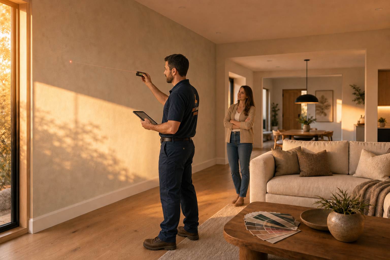 A Swift Beard Painters professional measuring a great-room wall with a laser tool and reviewing details on a tablet while the homeowner looks on.