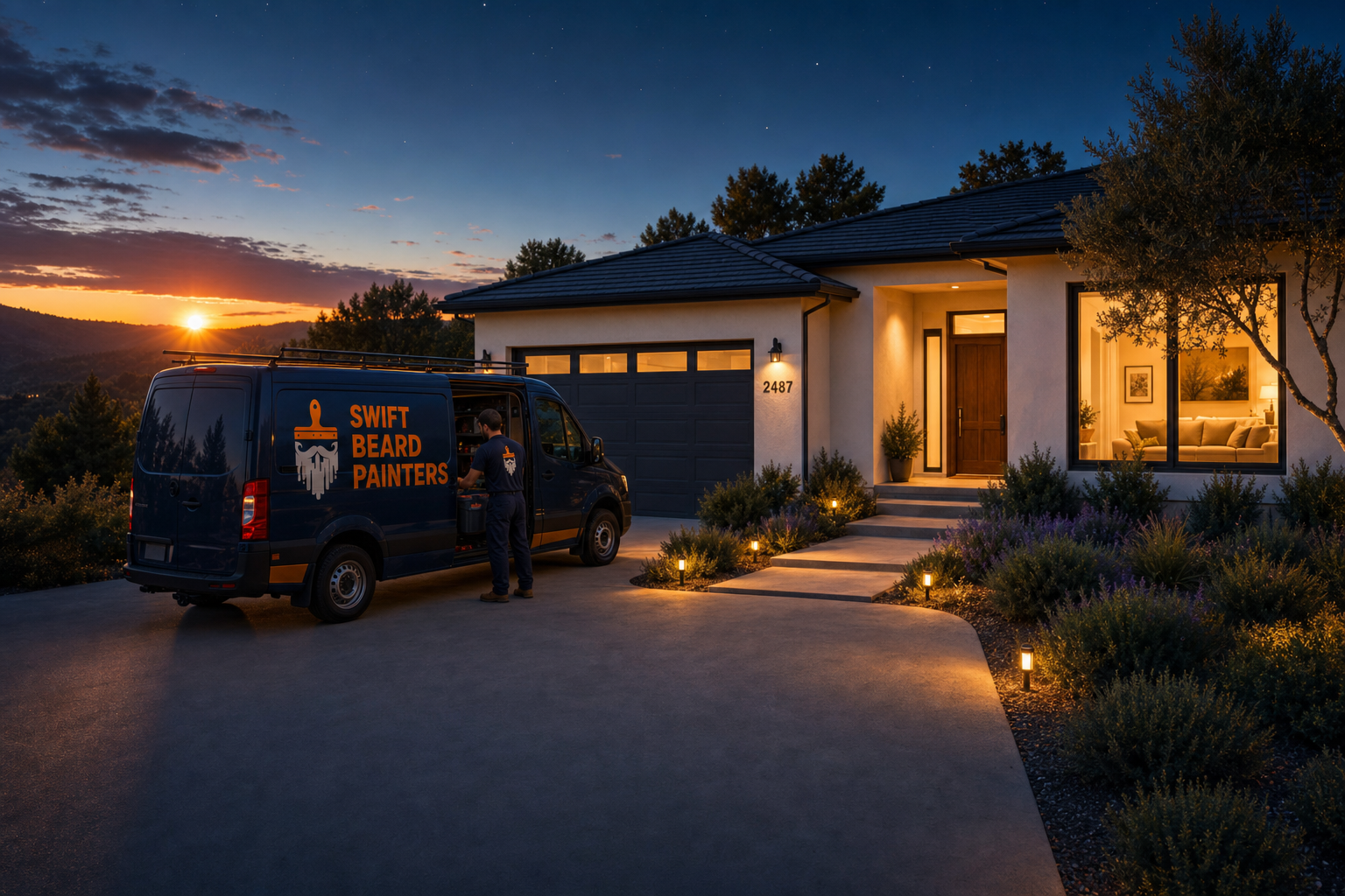 The same California home at dusk, glowing warmly from within, with the Swift Beard Painters van in the driveway as the work is completed.