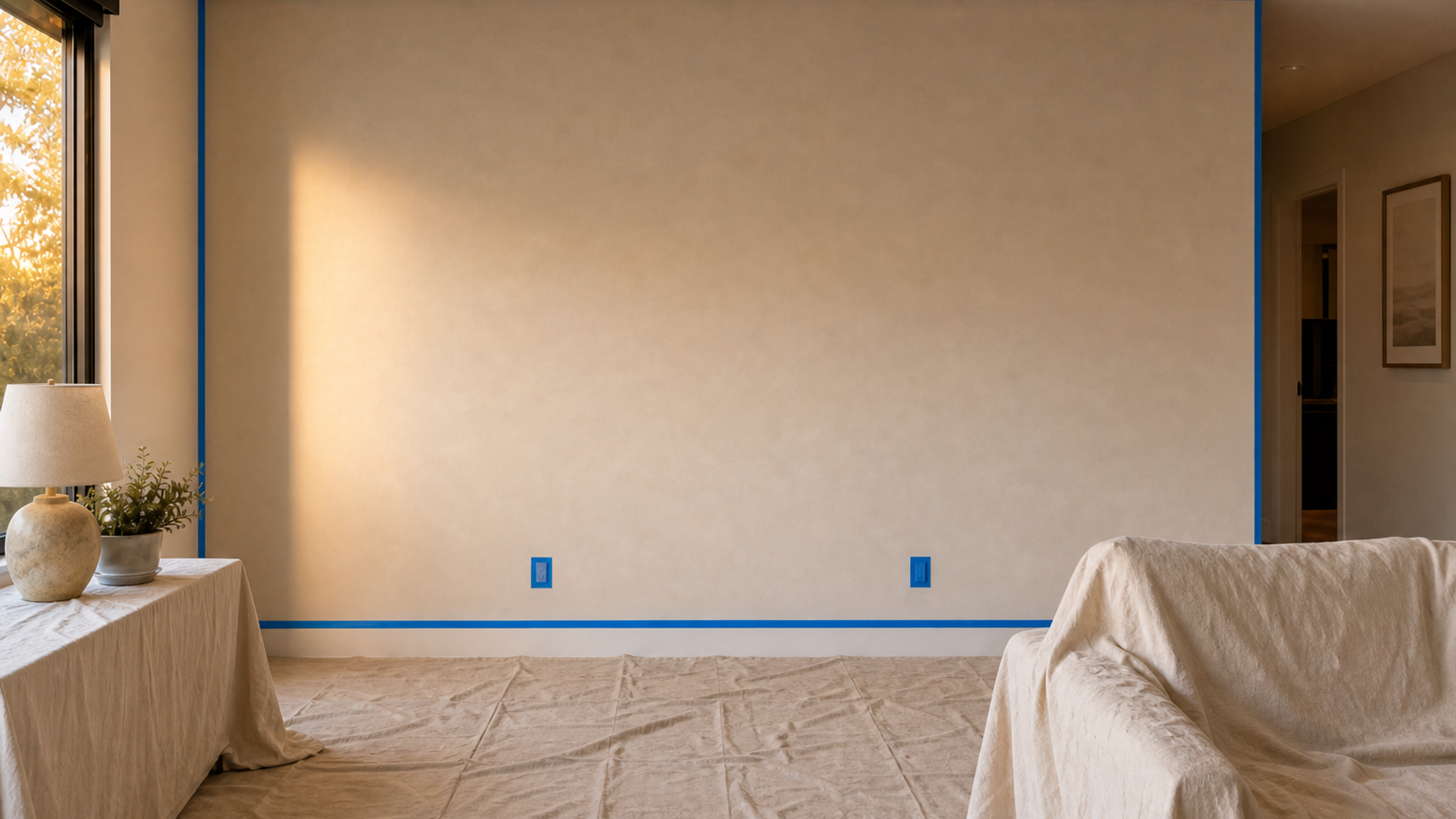 The same feature wall prepped, with edges taped and surfaces protected.