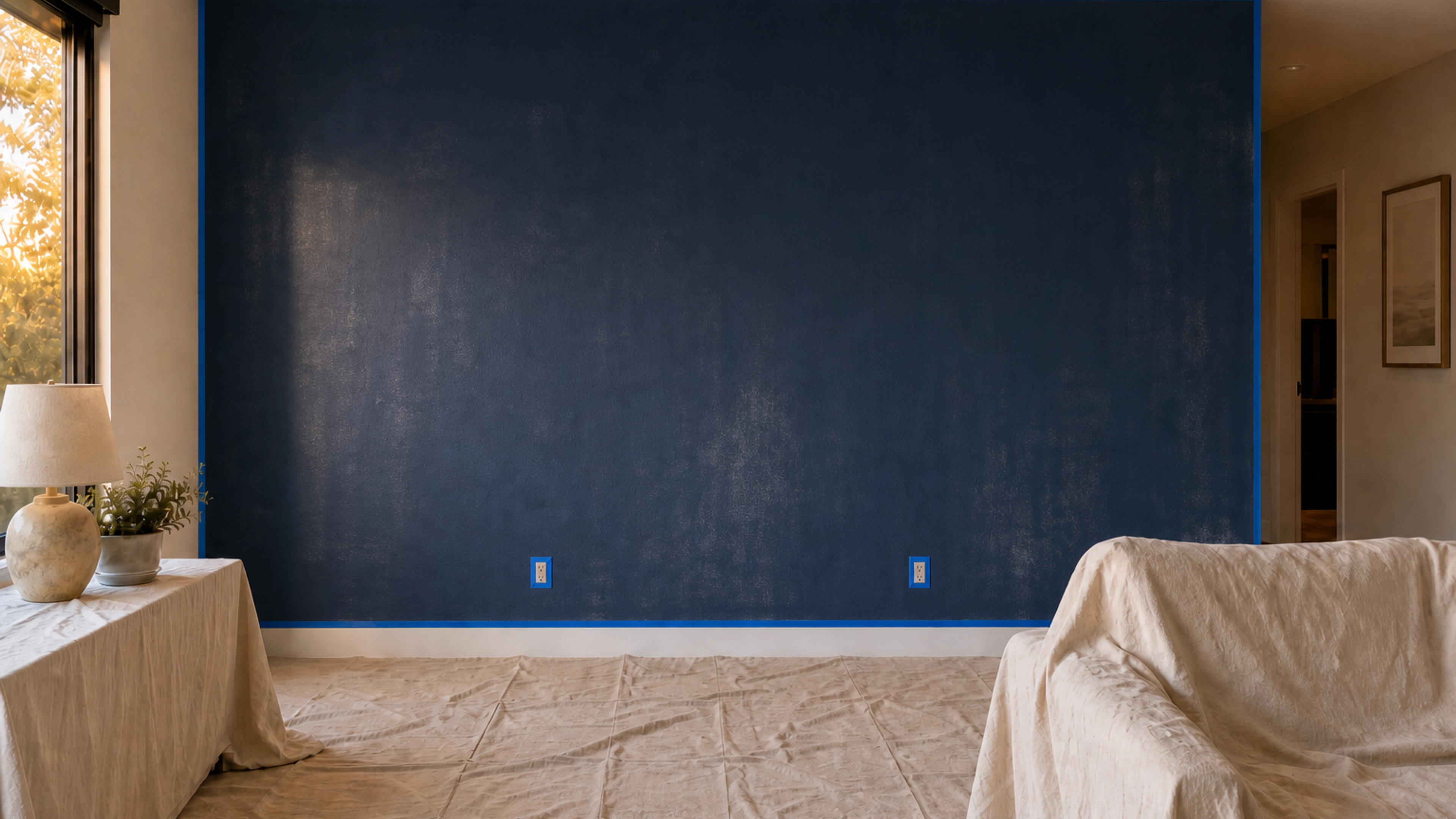The same feature wall after the first color coat is applied.