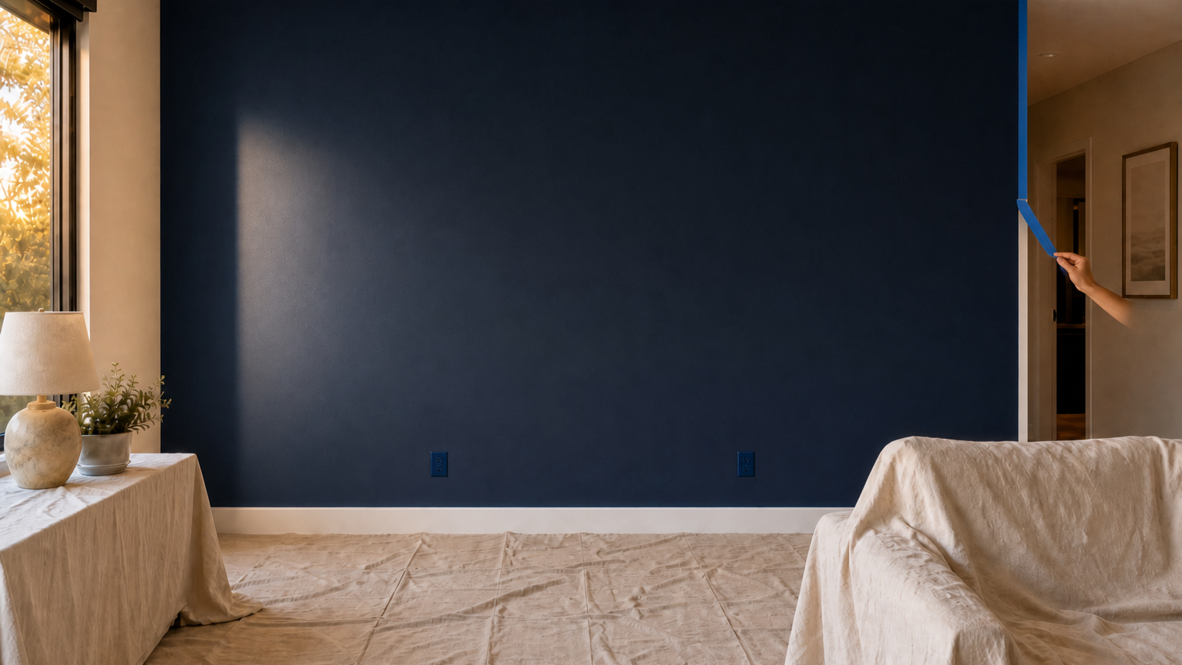 The finished feature wall in rich, deep navy with a flawless second coat.