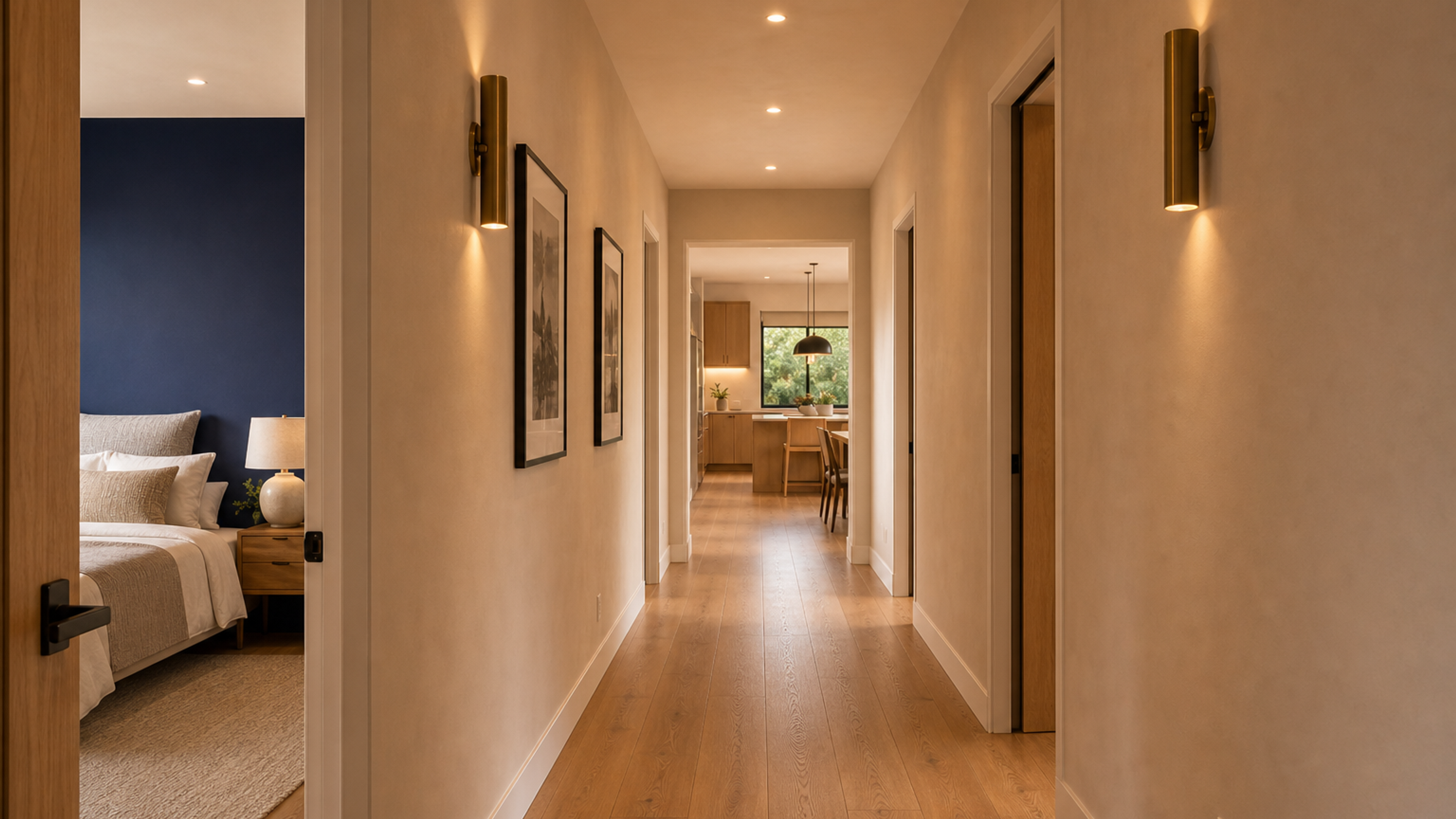 A finished hallway with warm sconces, an ajar door revealing a completed bedroom, opening toward a bright kitchen.