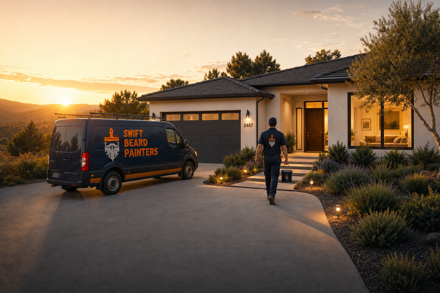 A premium single-story California home at golden hour with the branded Swift Beard Painters van in the driveway.