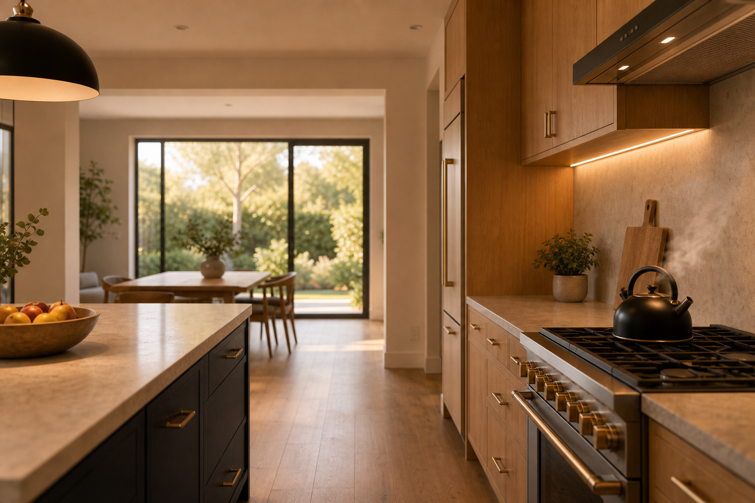 A finished, light-filled kitchen opening onto a garden, styled and lived-in.